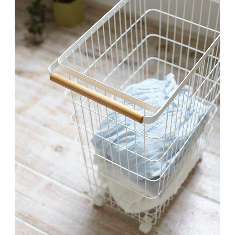Yamazaki Home Slim Rolling Laundry Basket Hamper, Steel + Wood, 14.5  gallons, Handles, Wheels